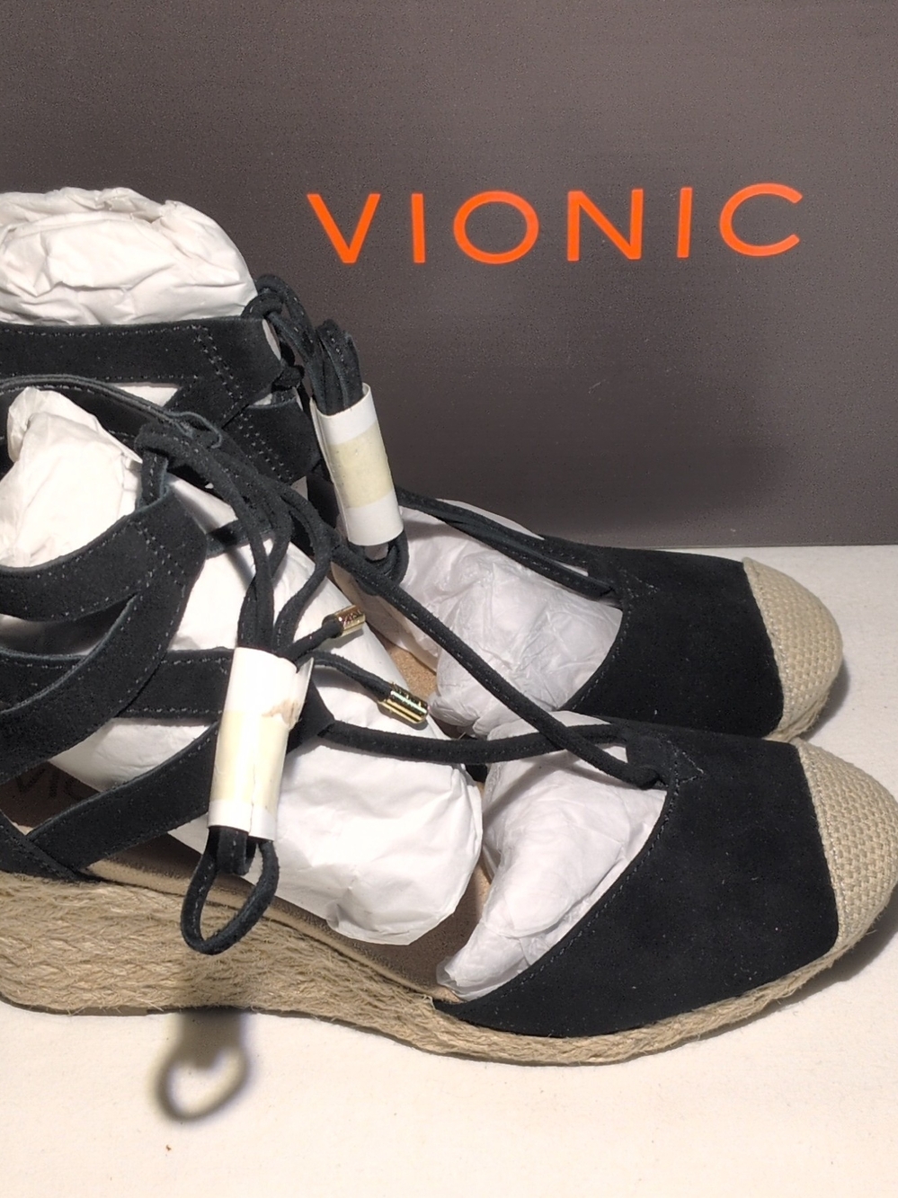Vionic Black Suede Espadrille Lace-Up Wedge Sandals Size 5